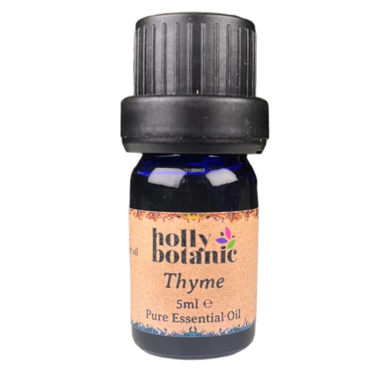 Thyme essential oil available in either 5ml or 10ml blue glass, recyclable dropper bottles.