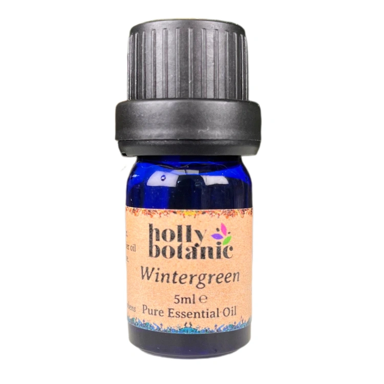 Wintergreen essential oil available in either 5ml or 10ml blue glass, recyclable dropper bottles.