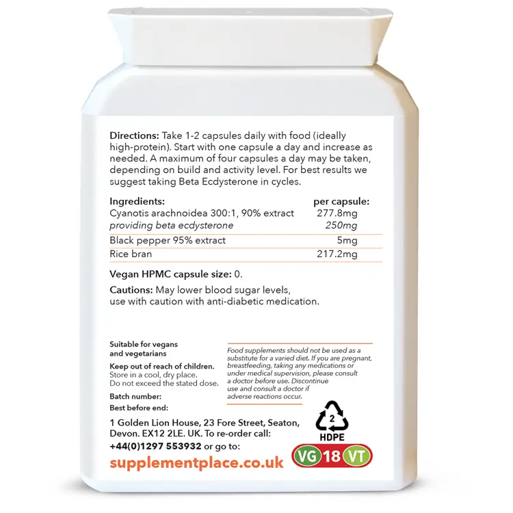 Beta Ecdysterone providing 250mg per capsule with black pepper extract for bioavailability in letter-box friendly pot. Rear label.