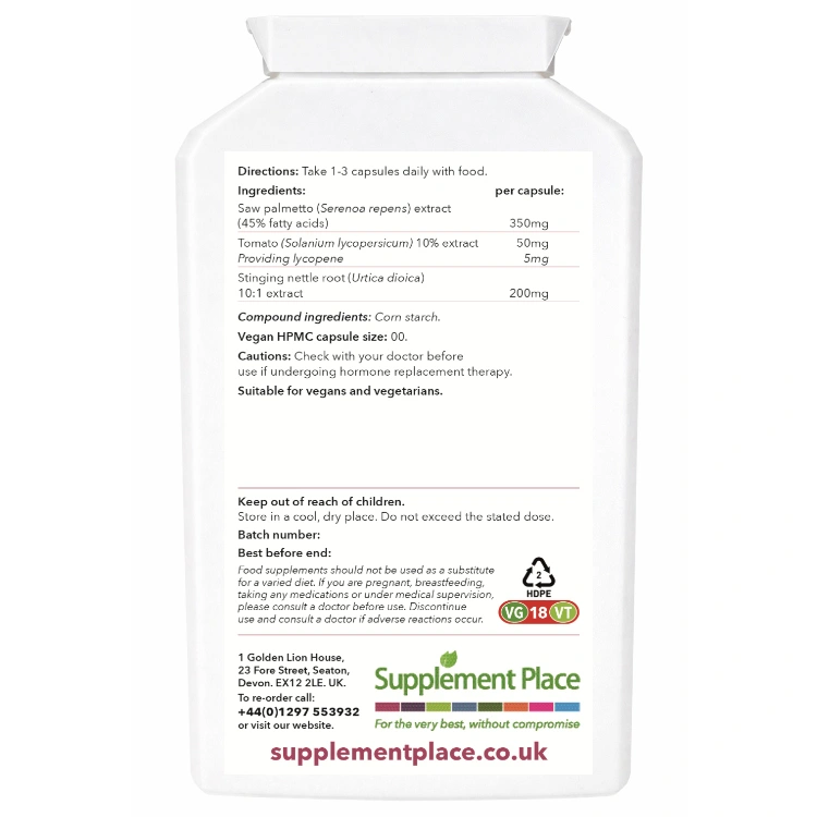 Saw Palmetto Plus 600ml - Saw Palmetto, Lycopene, Nettle - 120 capsules supplied in a recyclable, letterbox-friendy pot. Rear Label