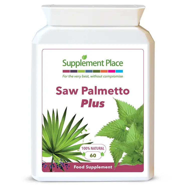 Saw Palmetto Plus provided in 600mg capsules containing Saw Palmetto, Lyconene and Nettle Extract. Front label.