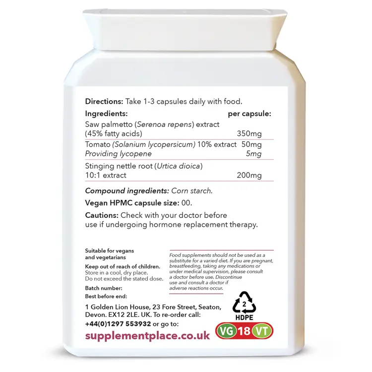 Saw Palmetto Plus provided in 600mg capsules containing Saw Palmetto, Lyconene and Nettle Extract. Rear label.