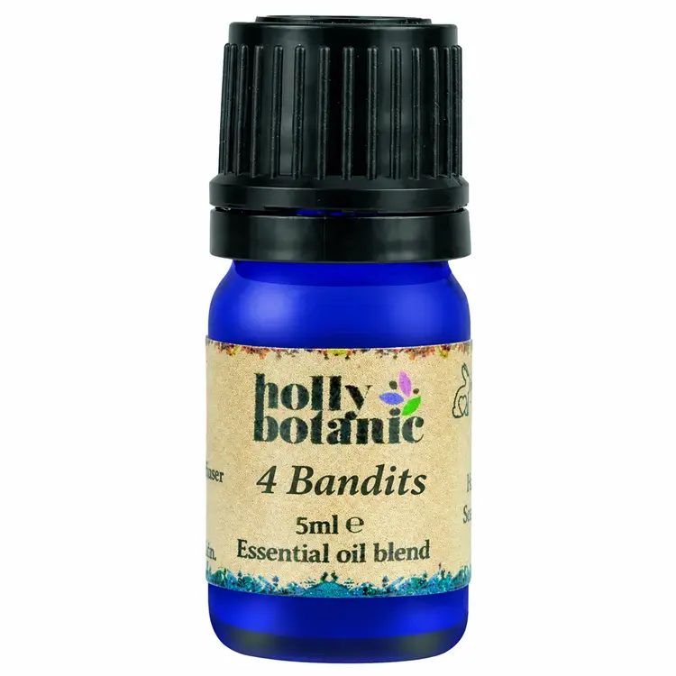 4 Bandits essential oil blend supplied in a blue glass recyclable dropper bottle.