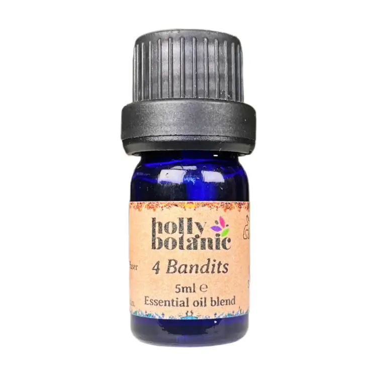 4-bandits essential oil blend supplied in a recyclable blue-glass dropper bottle. 5ml