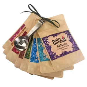 Tisane taster bundle with bags. 3 cup pouches of 8 of the Holly Botanic tisanes supplied with a metal tea bags squeezer