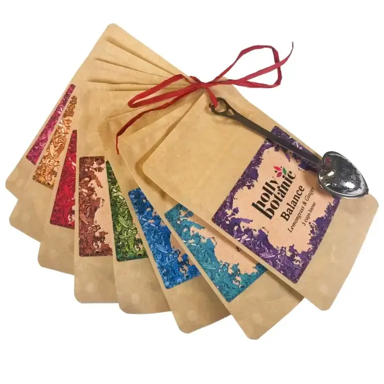 Tisane taster bundle with loose tea. 3 cup pouches of 8 of the Holly Botanic tisanes supplied with a metal heart infuser.