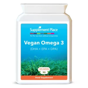 Vegan omega 3 capsules providing EPA, DHA and DPA. Supplied in recyclable, letterbox-friendly pots.